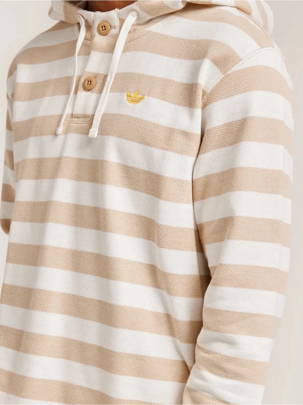 Adidas Tan & White Striped Henley Hoodie Pullover Sweatshirt Mens Knit Shirt